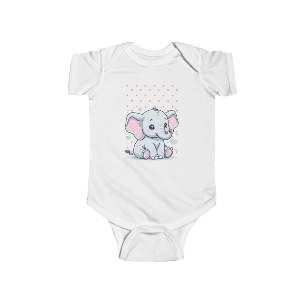 A white Cute Baby Elephant Infant Bodysuit featuring a hand-drawn baby elephant illustration in soft pastel tones.