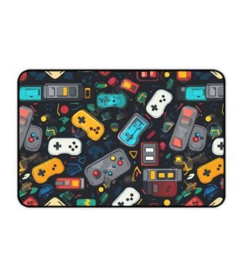 A vibrant Abstract Rainbow Splash Desk Mat featuring high-definition multi-colored paint splatters against a deep black background.