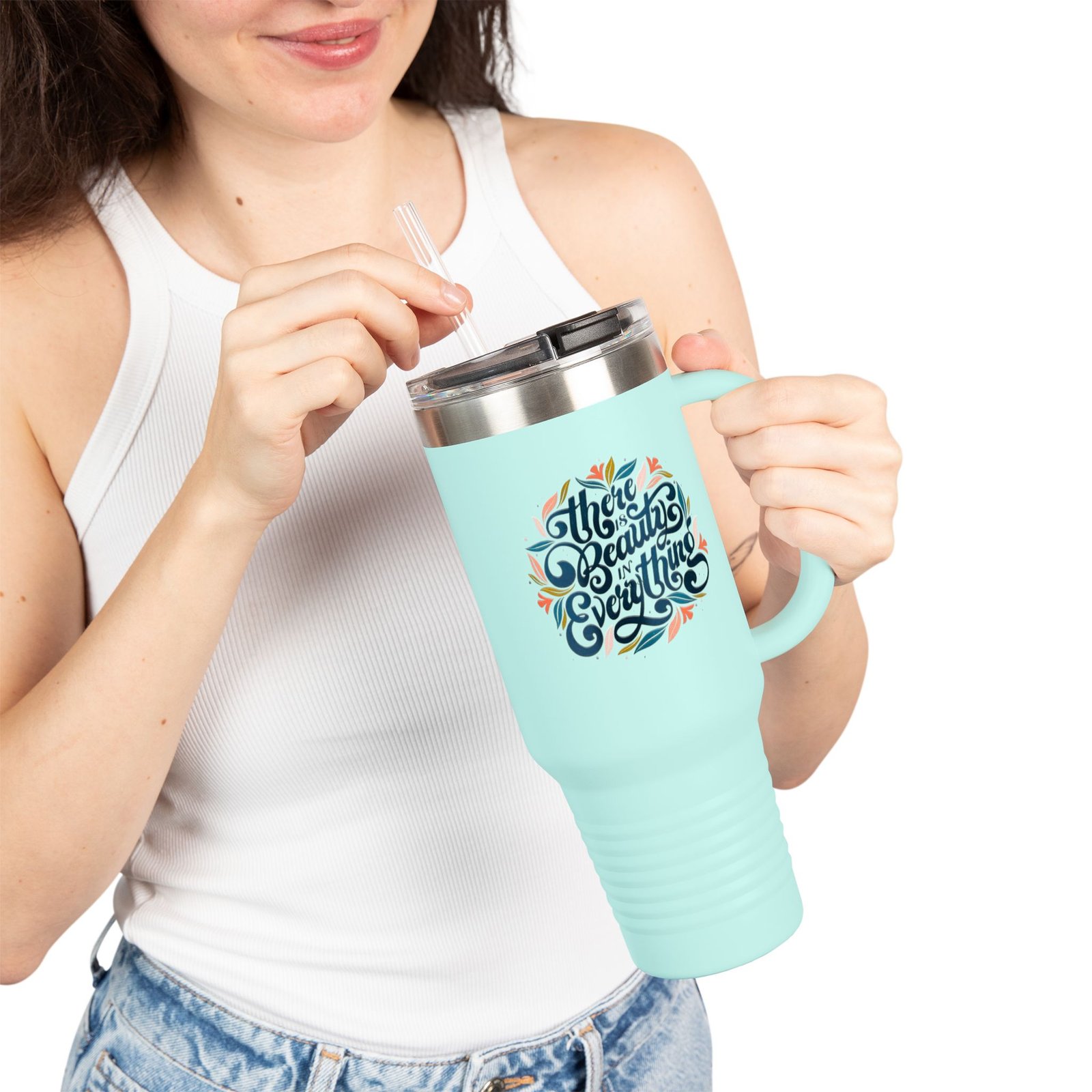 1087639808745703699_2048-1.jpeg 40oz Insulated Travel Mug — "There Is Beauty In Everything" Floral Lettering, Double-Wall Tumbler for Coffee & Tea - Image 1