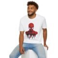 A white Spider-Man Inspired Graphic T-Shirt featuring a bold red Spider-Man portrait with a dynamic black paint-splatter effect.