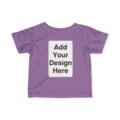 A premium purple Custom Baby T-Shirt displayed as a mockup with a white "Add Your Design Here" placeholder on the chest.