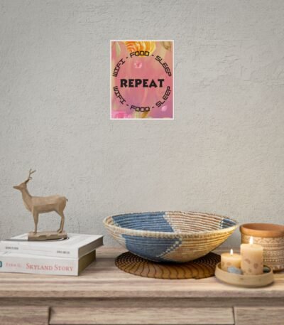 wifi food sleep repeat floral rolled poster | cozy typography wall art for bedroom & home office