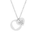 A silver Personalized Heart Necklace featuring a circular pendant with a heart cutout and a small heart tag engraved with the text "Engrave It Your Way."