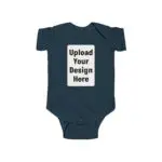 A premium navy blue Custom Baby Onesie mockup featuring a white rectangular placeholder on the chest with the text "Upload Your Design Here."