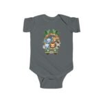 A gray Safari Animals Infant Bodysuit featuring a cute jungle cartoon of animals in a green jeep.