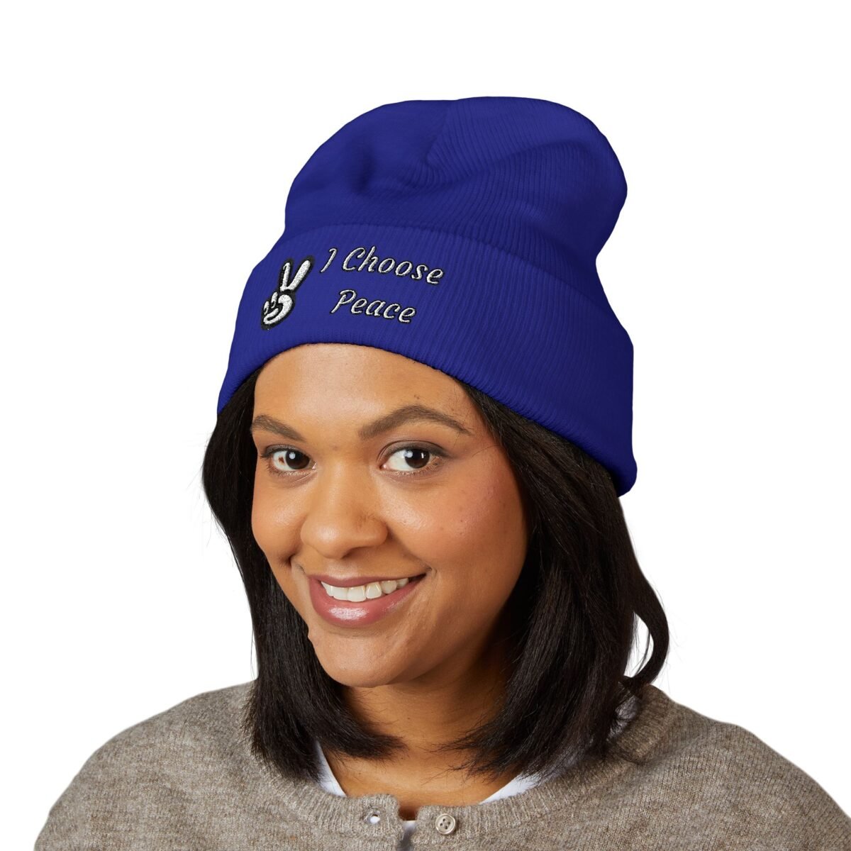 Embroidered Peace Logo Cuffed Beanie | Classic Knit Unisex Winter Hat - Image 17