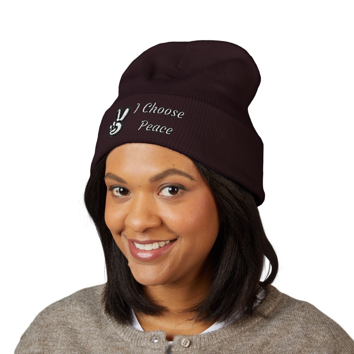 Embroidered Peace Logo Cuffed Beanie | Classic Knit Unisex Winter Hat - Image 42