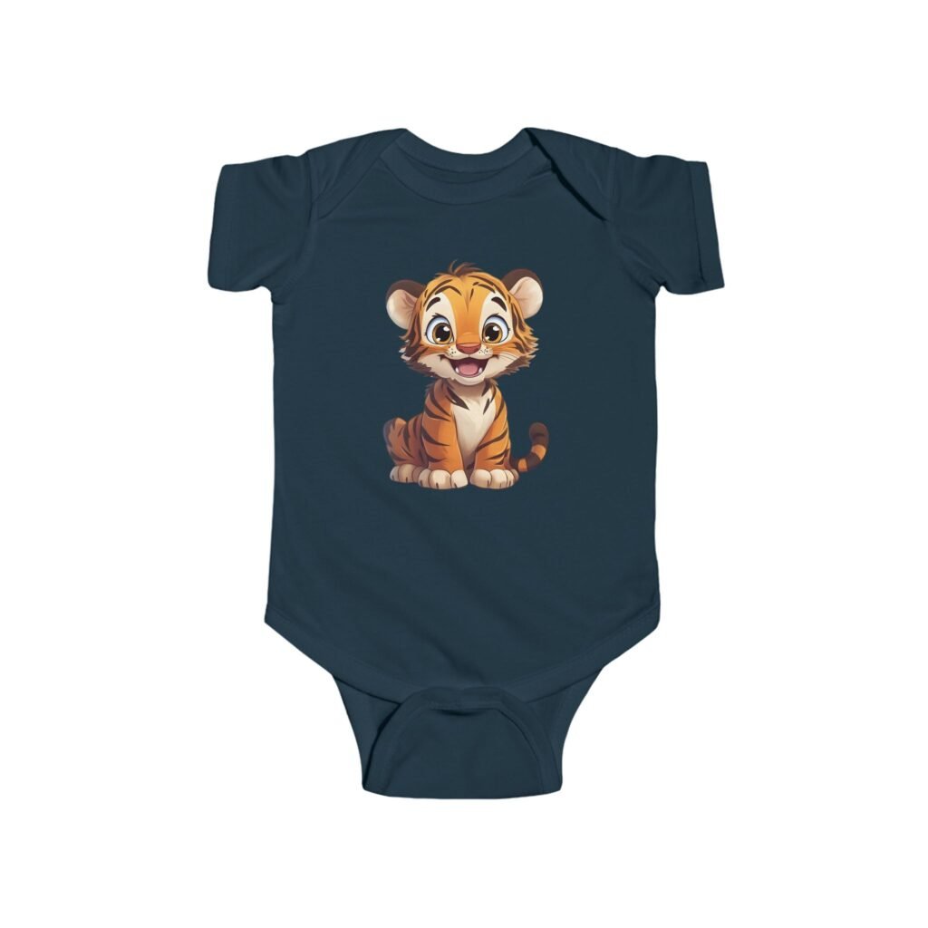 A navy-blue Cute Baby Tiger Bodysuit featuring a high-quality cartoon tiger print on the center