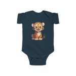 A navy-blue Cute Baby Tiger Bodysuit featuring a high-quality cartoon tiger print on the center