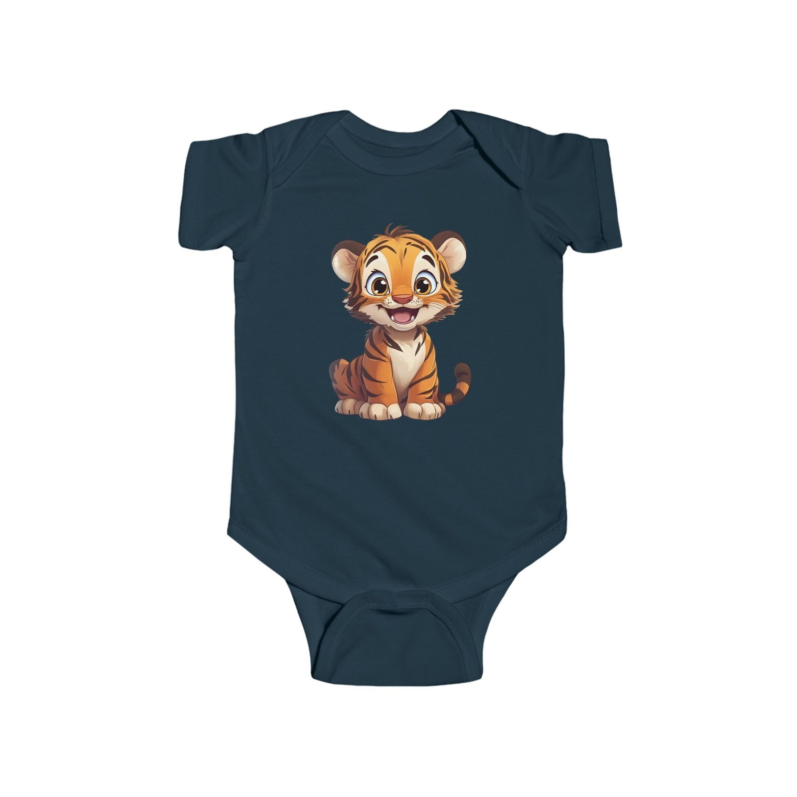 A navy-blue Cute Baby Tiger Bodysuit featuring a high-quality cartoon tiger print on the center