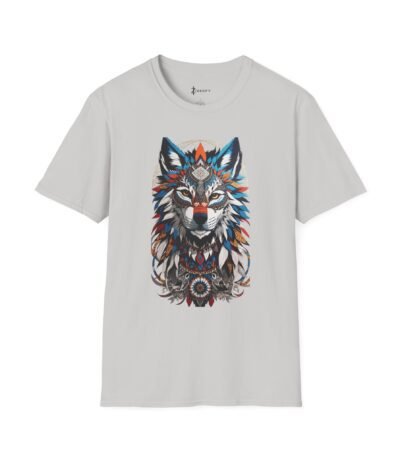 A grey Wolf Mandala T-Shirt featuring a symmetrical, colorful geometric wolf head design in a spiritual boho-chic style.