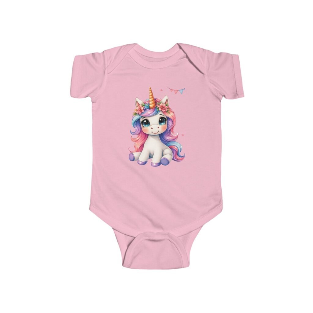 A soft pink Baby Unicorn Bodysuit featuring a cute cartoon unicorn with a pastel rainbow mane and tail