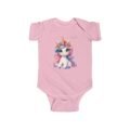 A soft pink Baby Unicorn Bodysuit featuring a cute cartoon unicorn with a pastel rainbow mane and tail
