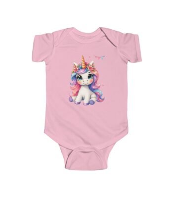 A soft pink Baby Unicorn Bodysuit featuring a cute cartoon unicorn with a pastel rainbow mane and tail