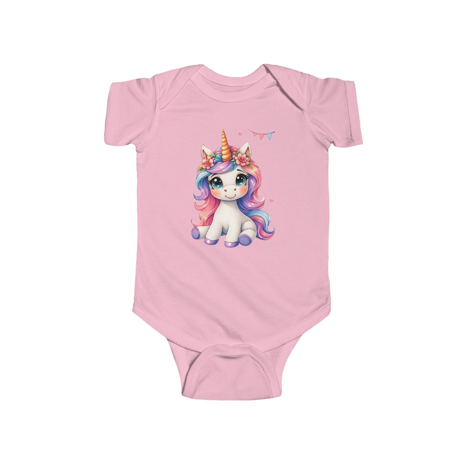 Baby Unicorn Bodysuit: #1 Premium & High-Quality Cotton Infant Onesie A soft pink Baby Unicorn Bodysuit featuring a cute cartoon unicorn with a pastel rainbow mane and tail