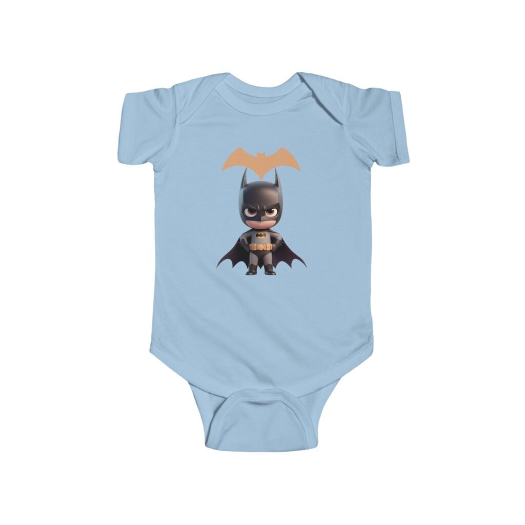 A dark gray Baby Superhero Bodysuit featuring a cute cartoon bat-themed hero illustration in a playful style