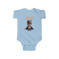 A dark gray Baby Superhero Bodysuit featuring a cute cartoon bat-themed hero illustration in a playful style