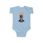A dark gray Baby Superhero Bodysuit featuring a cute cartoon bat-themed hero illustration in a playful style