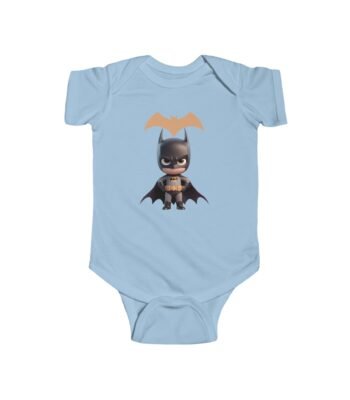 A dark gray Baby Superhero Bodysuit featuring a cute cartoon bat-themed hero illustration in a playful style