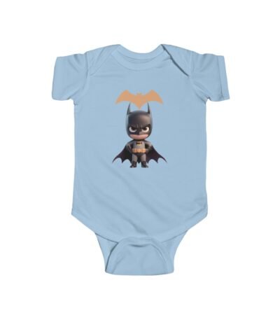 A dark gray Baby Superhero Bodysuit featuring a cute cartoon bat-themed hero illustration in a playful style