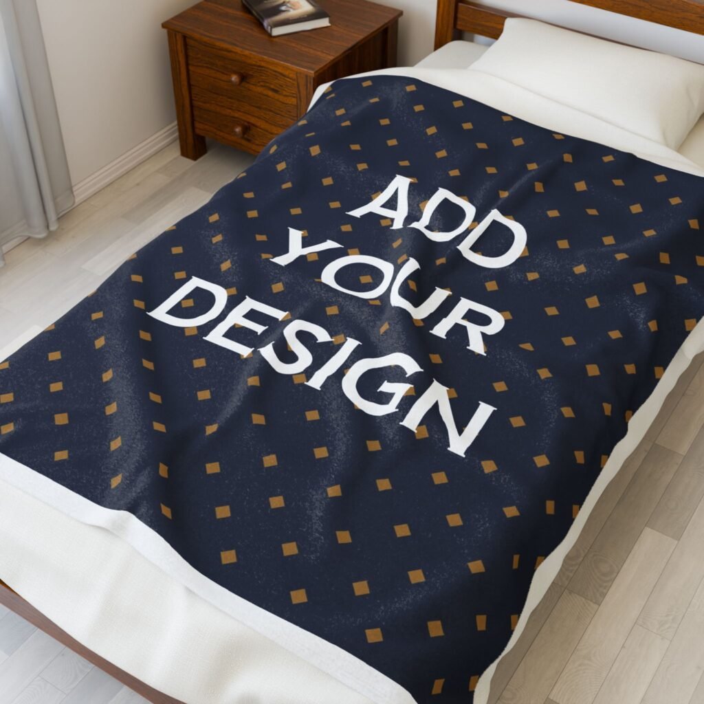 A cozy Custom Plush Blanket with a navy blue and gold geometric pattern draped over a white bed in a modern bedroom setting.