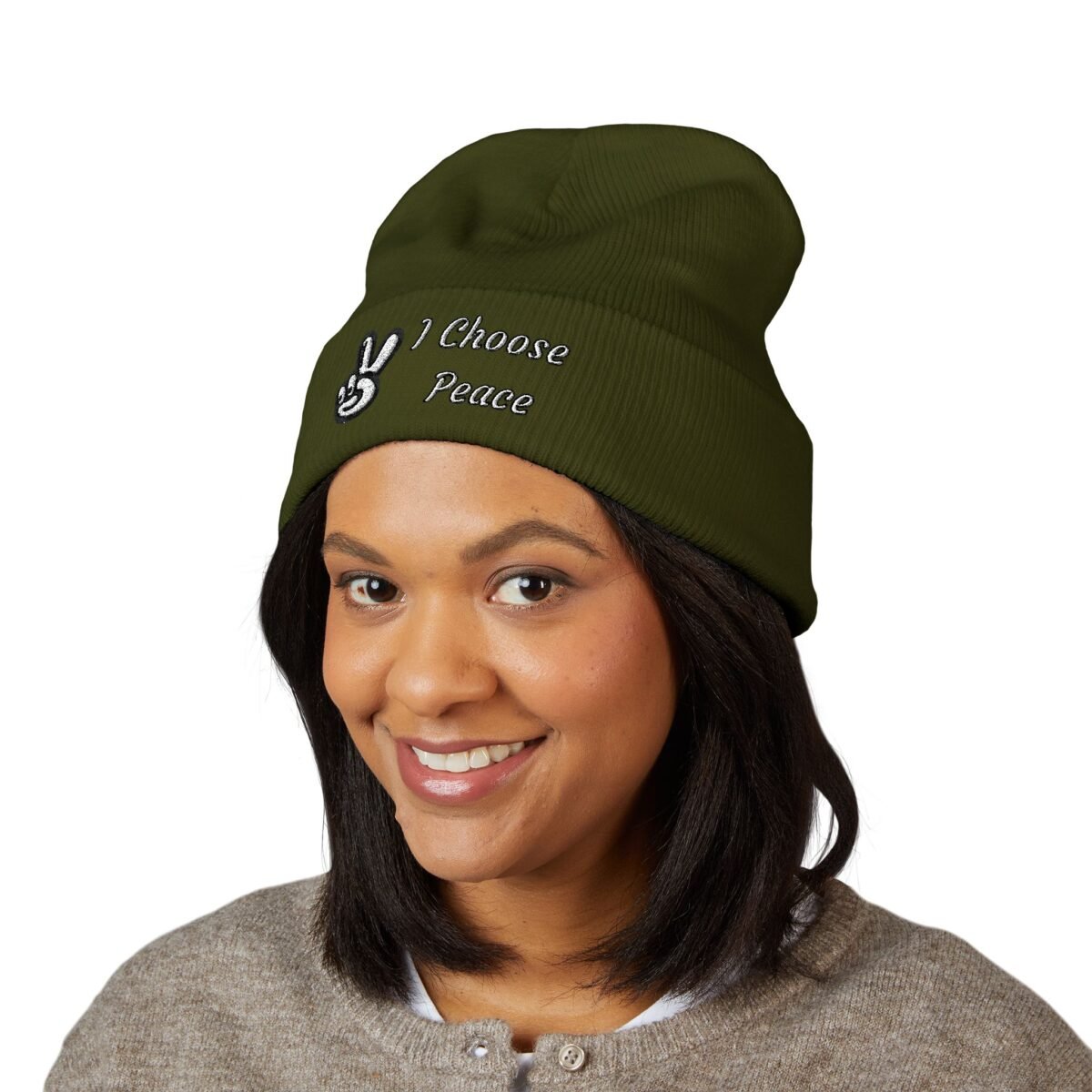 Embroidered Peace Logo Cuffed Beanie | Classic Knit Unisex Winter Hat - Image 7