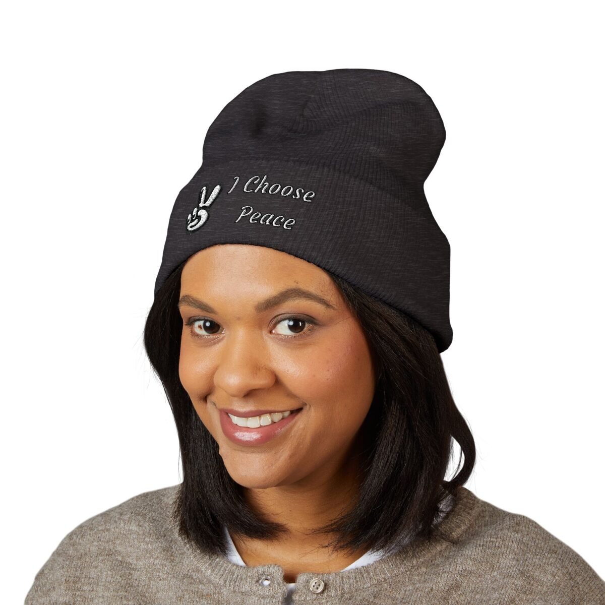 Embroidered Peace Logo Cuffed Beanie | Classic Knit Unisex Winter Hat - Image 37