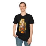 A man wearing a black Dragon Ball Z Goku Super Saiyan T-Shirt featuring a vertical panel print of Goku in his Super Saiyan form with golden energy.