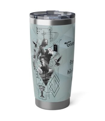 A high-quality 20oz Stainless Steel Travel Tumbler featuring a faith-inspired design with a Jesus illustration and spiritual Bible quote.
